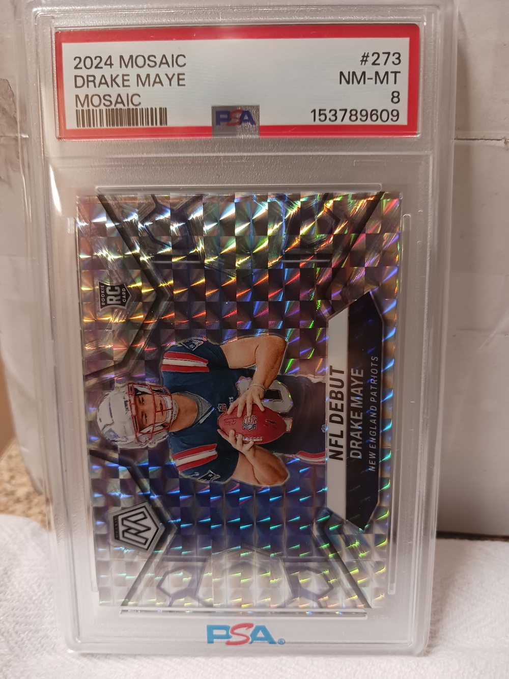 2024 Panini Mosaic Drake Maye Mosaic NFL Debut Rookie Card - PSA 8 Slab